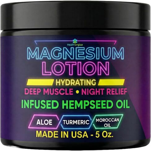 Magnesium Lotion for Sleep and Sore Muscles-Infused with Hemp, Turmeric & Moroccan Oil-–Magnesium Cream for Restless Legs & Leg Cramps-5 Oz. Made in USA in Saudi Arabia