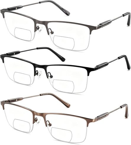 3 Pack Men's Bifocal Reading Glasses, Anti Blue Light Half Frame Spring Hinge Readers in Saudi Arabia