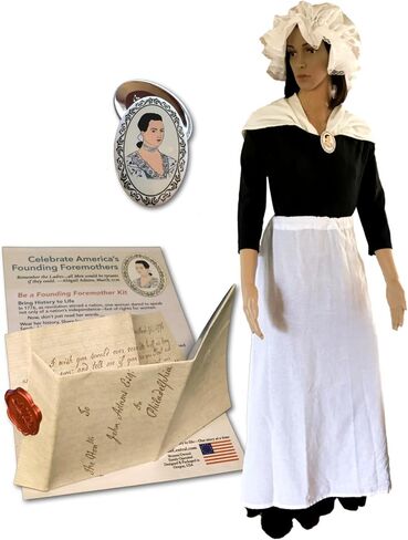 Colonial costume women,1776 Revolutionary War, Betsy Ross. 6-Item Costume Accessories Set with Mob Cap Bonnet, Apron, Shawl, Brooch, "Remember the Ladies" Sealed Letter & Guide. Dress not included. in Saudi Arabia