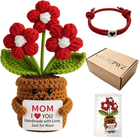 Handmade Crochet Red Flowers Birthday Gift for Mom | Remember I Love You Emotional Support Gift for Mom from Daughters Son Knitted Crochet 3 Flowers Pot Doll in Saudi Arabia