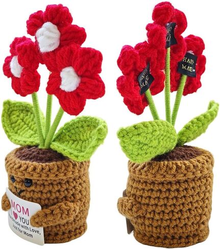 Handmade Crochet Red Flowers Birthday Gift for Mom | Remember I Love You Emotional Support Gift for Mom from Daughters Son Knitted Crochet 3 Flowers Pot Doll in Saudi Arabia