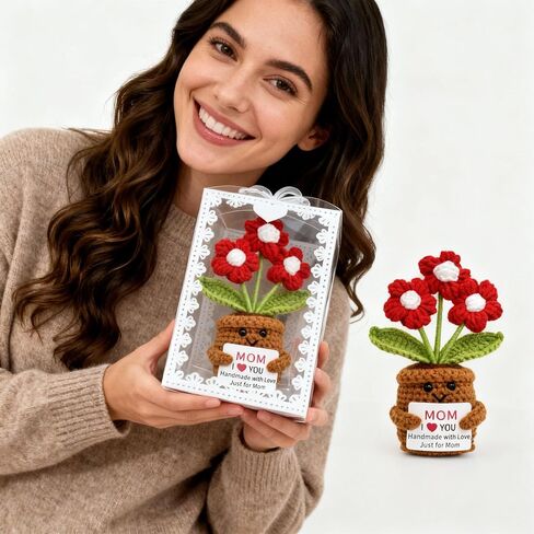 Handmade Crochet Red Flowers Birthday Gift for Mom | Remember I Love You Emotional Support Gift for Mom from Daughters Son Knitted Crochet 3 Flowers Pot Doll in Saudi Arabia