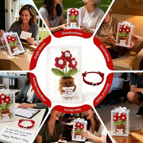 Handmade Crochet Red Flowers Birthday Gift for Mom | Remember I Love You Emotional Support Gift for Mom from Daughters Son Knitted Crochet 3 Flowers Pot Doll in Saudi Arabia