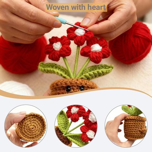 Handmade Crochet Red Flowers Birthday Gift for Mom | Remember I Love You Emotional Support Gift for Mom from Daughters Son Knitted Crochet 3 Flowers Pot Doll in Saudi Arabia