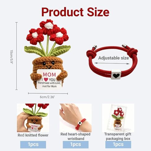 Handmade Crochet Red Flowers Birthday Gift for Mom | Remember I Love You Emotional Support Gift for Mom from Daughters Son Knitted Crochet 3 Flowers Pot Doll in Saudi Arabia