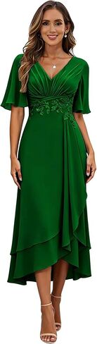 Applique Mother of The Bride Dresses Tea Length Formal Dress for Wedding Guest Chiffon Evening Gown with Sleeves in Saudi Arabia