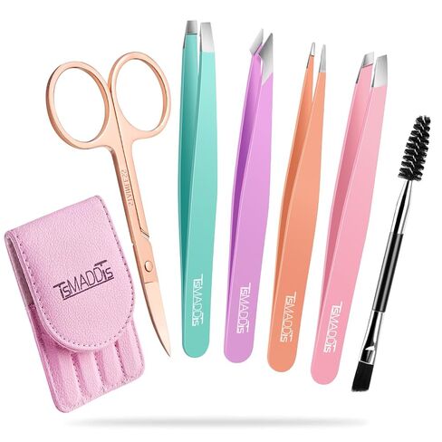 TsMADDTs Eyebrow Tweezer Set, 6 Pcs Tweezers Set for Women, Precision Tweezer for Eyebrows with Curved Scissors for Ingrown Hair, Hair Plucking Daily Beauty Tools with Leather Travel Case in Kuwait