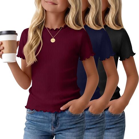 3 Pack Girls' Ribbed Short Sleeve T Shirts Summer Lettuce Trim Tops Crew Neck Cute Solid Basic Tee for Kids 5-14 Y in Saudi Arabia