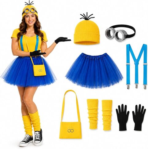 Women's Yellow and Blue Character Costume Set, Tutu Skirt, Beanie, Goggles, Suspenders in Saudi Arabia
