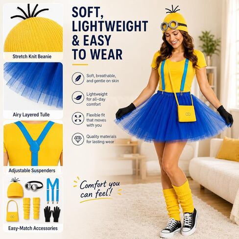 Women's Yellow and Blue Character Costume Set, Tutu Skirt, Beanie, Goggles, Suspenders in Saudi Arabia