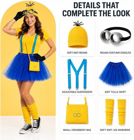 Women's Yellow and Blue Character Costume Set, Tutu Skirt, Beanie, Goggles, Suspenders in Saudi Arabia