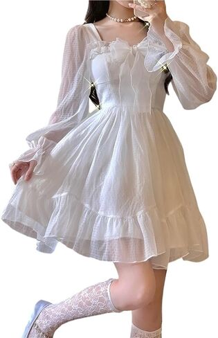 Lolita Dress White Kawaii Dress Women Chiffon Lolita Long Sleeve Mini Dresses Bow Fairy Robe Ruffles in Saudi Arabia