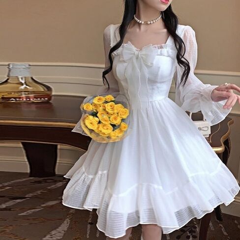 لوليتا فستان أبيض Kawaii فستان المرأة الشيفون لوليتا كم طويل فساتين صغيرة القوس الجنية رداء الكشكشة in Kuwait