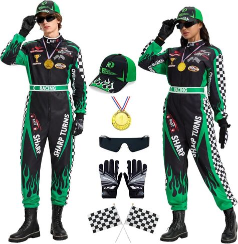 6Pcs Race Car Driver Costume for Men, Racer Jumpsuit Outfits Women, Race Outfit Adult for Halloween in Kuwait