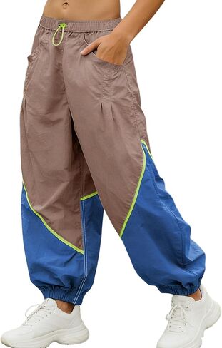 Faleave Women's Baggy Wide Leg Pants Elastic Drawcord Waist Color Block Workout Track Parachute Pants with Pockets in Saudi Arabia