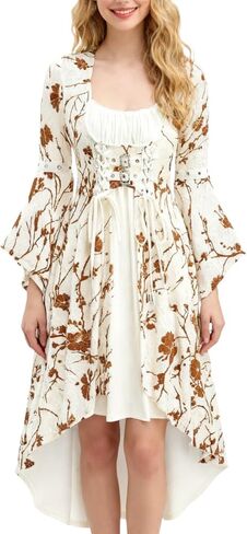 Renaissance Costume Women Bell Sleeve Cold Shoulder Lace up Ruffle Medieval Corset Dress Halloween Costumes in Saudi Arabia