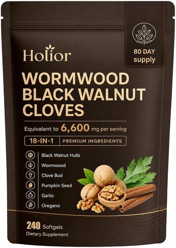 Holior Wormwood Black Walnut Cloves, 18-in-1 Herbal Cleanse for Gut Health with Oregano, Garlic & Pumpkin Seed, Liposomal Herbal Softgels, 240 Count in Saudi Arabia