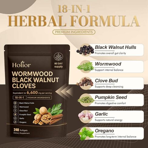 Holior Wormwood Black Walnut Cloves, 18-in-1 Herbal Cleanse for Gut Health with Oregano, Garlic & Pumpkin Seed, Liposomal Herbal Softgels, 240 Count in Saudi Arabia