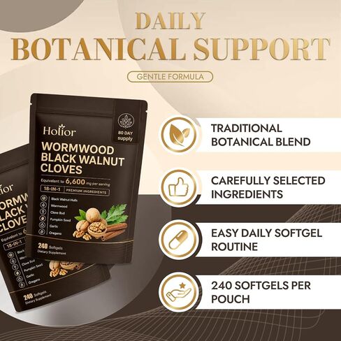 Holior Wormwood Black Walnut Cloves, 18-in-1 Herbal Cleanse for Gut Health with Oregano, Garlic & Pumpkin Seed, Liposomal Herbal Softgels, 240 Count in Saudi Arabia