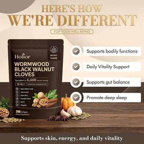 Holior Wormwood Black Walnut Cloves, 18-in-1 Herbal Cleanse for Gut Health with Oregano, Garlic & Pumpkin Seed, Liposomal Herbal Softgels, 240 Count in Saudi Arabia