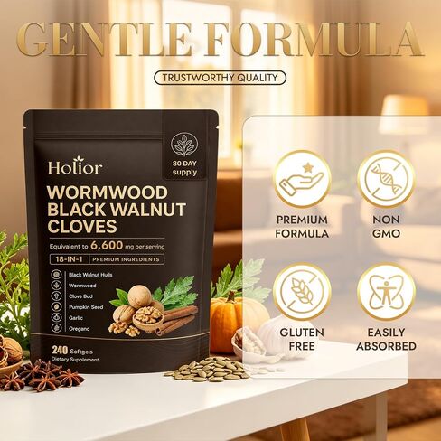 Holior Wormwood Black Walnut Cloves, 18-in-1 Herbal Cleanse for Gut Health with Oregano, Garlic & Pumpkin Seed, Liposomal Herbal Softgels, 240 Count in Saudi Arabia