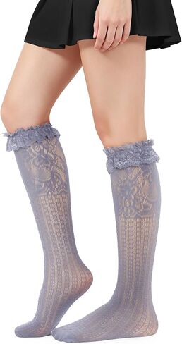 Hi Space Womens Lace Ruffle Knee High Socks Cute Frilly Mesh Knee High Stockings Fishnet Hollow Out Nylon Lolita Socks in Saudi Arabia
