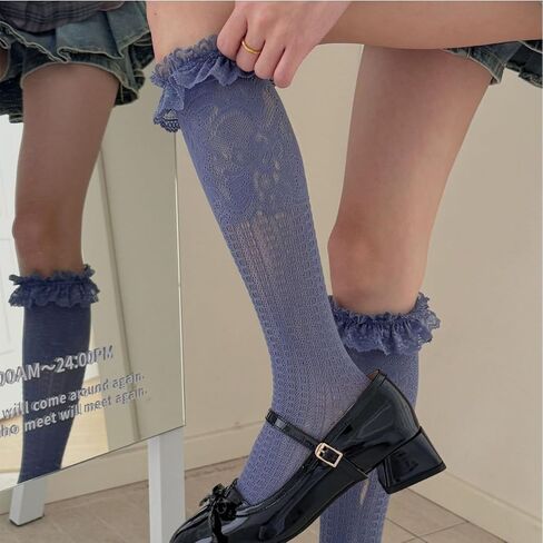 Hi Space Womens Lace Ruffle Knee High Socks Cute Frilly Mesh Knee High Stockings Fishnet Hollow Out Nylon Lolita Socks in Saudi Arabia
