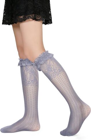 Hi Space Womens Lace Ruffle Knee High Socks Cute Frilly Mesh Knee High Stockings Fishnet Hollow Out Nylon Lolita Socks in Saudi Arabia