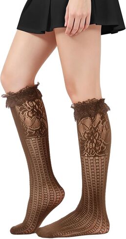 Hi Space Womens Lace Ruffle Knee High Socks Cute Frilly Mesh Knee High Stockings Fishnet Hollow Out Nylon Lolita Socks in Saudi Arabia