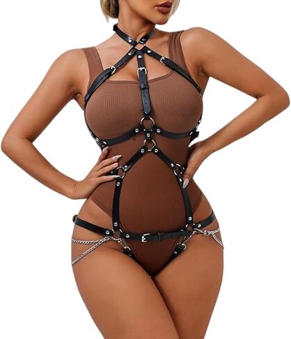 Women's Full Body Harness Lingerie, Gothic Punk Adjustable Leather Strappy Bodysuit with Metal Chains and Rings, Sexy Costume for Valentine's Day Carnival Roleplay Cosplay Party in Saudi Arabia