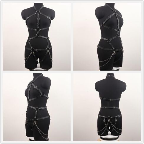 Women's Full Body Harness Lingerie, Gothic Punk Adjustable Leather Strappy Bodysuit with Metal Chains and Rings, Sexy Costume for Valentine's Day Carnival Roleplay Cosplay Party in Saudi Arabia