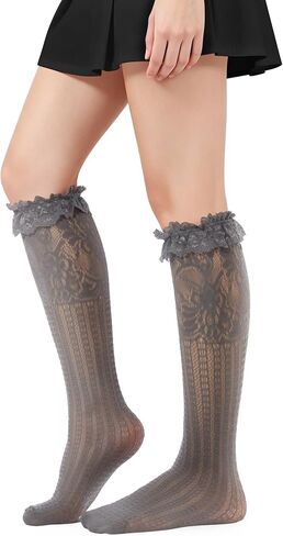 Hi Space Womens Lace Ruffle Knee High Socks Cute Frilly Mesh Knee High Stockings Fishnet Hollow Out Nylon Lolita Socks in Saudi Arabia