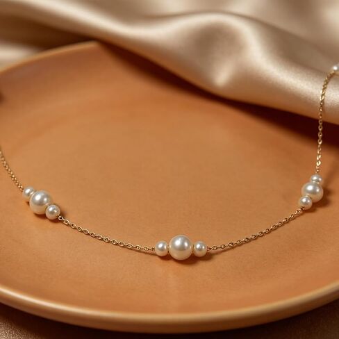 14K Gold Pearl Station Necklace for Women,Freshwater Cultured Pearl Choker Necklaces for Christmas Anniversary Birthday Her Mom Wife 14+1+1 Inch in Saudi Arabia