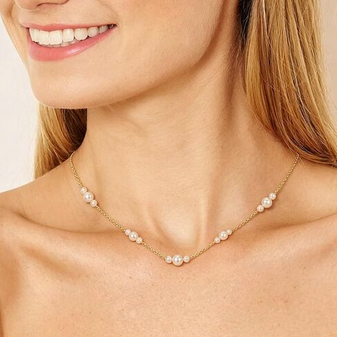 14K Gold Pearl Station Necklace for Women,Freshwater Cultured Pearl Choker Necklaces for Christmas Anniversary Birthday Her Mom Wife 14+1+1 Inch in Saudi Arabia
