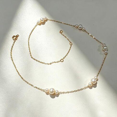 14K Gold Pearl Station Necklace for Women,Freshwater Cultured Pearl Choker Necklaces for Christmas Anniversary Birthday Her Mom Wife 14+1+1 Inch in Saudi Arabia
