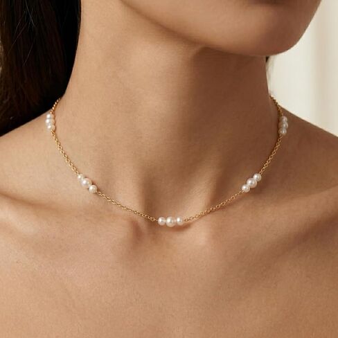 14K Gold Pearl Station Necklace for Women,Freshwater Cultured Pearl Choker Necklaces for Christmas Anniversary Birthday Her Mom Wife 14+1+1 Inch in Saudi Arabia