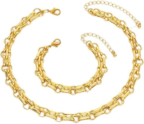 Gold Chunky Chain Necklace Bracelet Set for Women, Thick Link Chain Jewelry Set, Layered Statement Necklace, Adjustable Bracelet, Trendy Minimalist Fashion Accessories Gift in Saudi Arabia