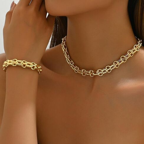 Gold Chunky Chain Necklace Bracelet Set for Women, Thick Link Chain Jewelry Set, Layered Statement Necklace, Adjustable Bracelet, Trendy Minimalist Fashion Accessories Gift in Saudi Arabia