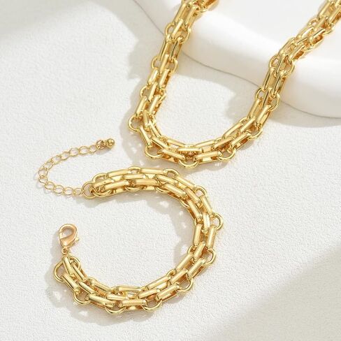 Gold Chunky Chain Necklace Bracelet Set for Women, Thick Link Chain Jewelry Set, Layered Statement Necklace, Adjustable Bracelet, Trendy Minimalist Fashion Accessories Gift in Saudi Arabia