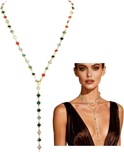 Ladies' colorful necklace, gold body chain, long multi colored bead necklace, rhinestone pendant necklace, holiday jewelry accessories gift in Saudi Arabia