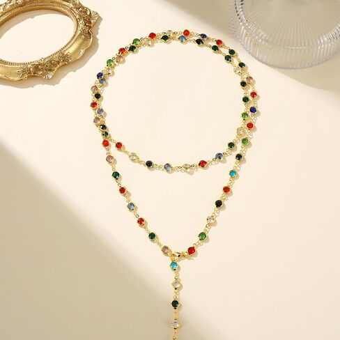 Ladies' colorful necklace, gold body chain, long multi colored bead necklace, rhinestone pendant necklace, holiday jewelry accessories gift in Saudi Arabia