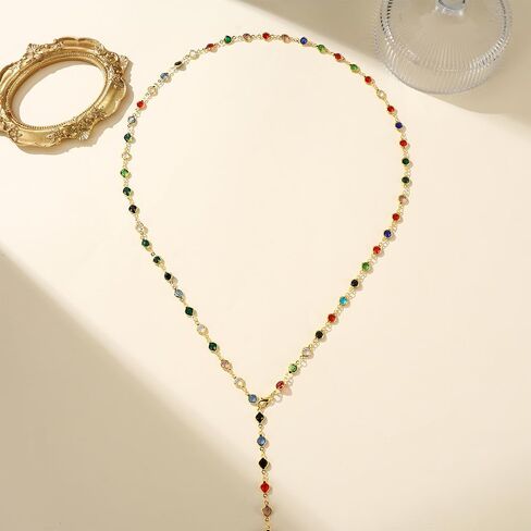 Ladies' colorful necklace, gold body chain, long multi colored bead necklace, rhinestone pendant necklace, holiday jewelry accessories gift in Saudi Arabia
