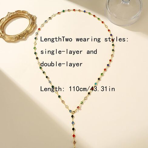 Ladies' colorful necklace, gold body chain, long multi colored bead necklace, rhinestone pendant necklace, holiday jewelry accessories gift in Saudi Arabia