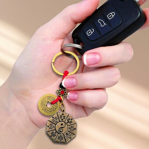 Feng Shui Brass Keychain with Five Emperors Coin and Bagua Charm - Lucky Charm for Wealth, Protection, and Good Fortune,Packaged in a gift box in Saudi Arabia
