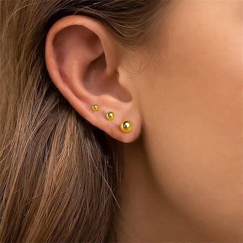 Gold Stud Earrings for Women 14K Gold Ball Stud Earrings Hypoallergenic Earring (3-Pair-Pack) 3MM 4MM 5MM with Butterfly Pushbacks in Kuwait