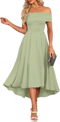 Pinup Fashion Women's Off Shoulder Cocktail Dress - Semi Formal Party Wedding Guest High Low A Line Midi Dresses in Kuwait