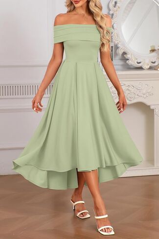 Pinup Fashion Women's Off Shoulder Cocktail Dress - Semi Formal Party Wedding Guest High Low A Line Midi Dresses in Kuwait