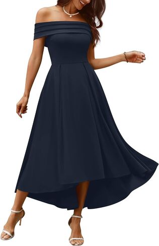 Pinup Fashion Women's Off Shoulder Cocktail Dress - Semi Formal Party Wedding Guest High Low A Line Midi Dresses in Kuwait