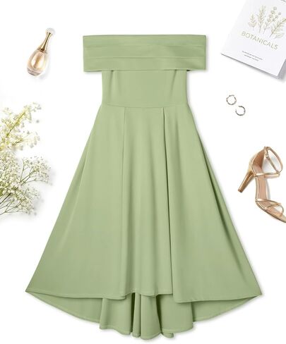 Pinup Fashion Women's Off Shoulder Cocktail Dress - Semi Formal Party Wedding Guest High Low A Line Midi Dresses in Kuwait