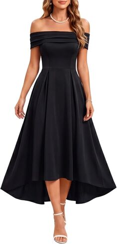 Pinup Fashion Women's Off Shoulder Cocktail Dress - Semi Formal Party Wedding Guest High Low A Line Midi Dresses in Kuwait